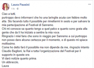 Foto post FB di Laura Pausini su Sanremo 2018