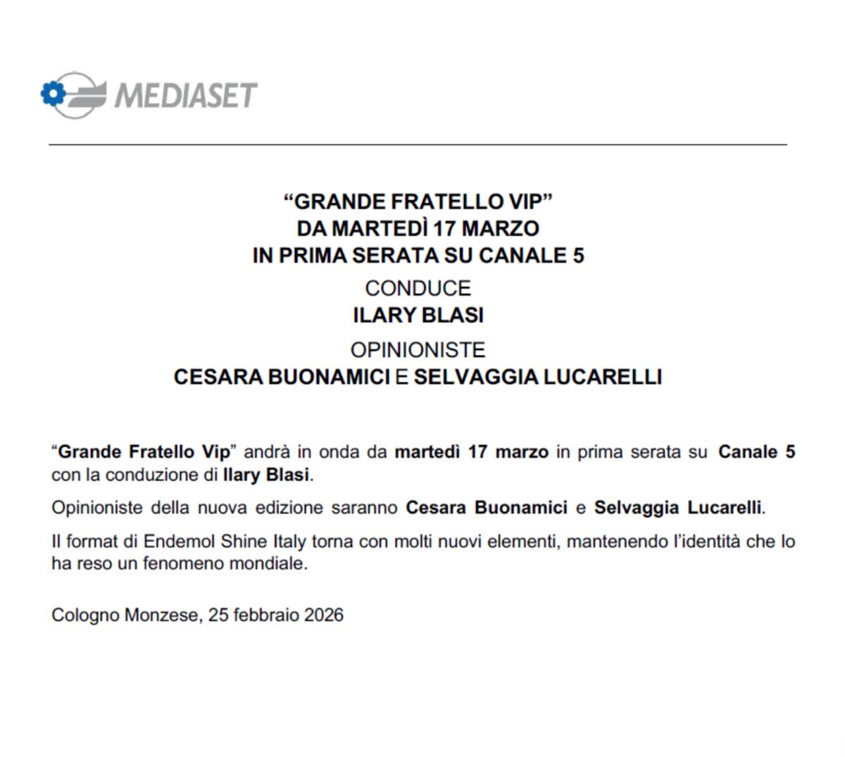 foto mediaset annuncio lucarelli cesara gf