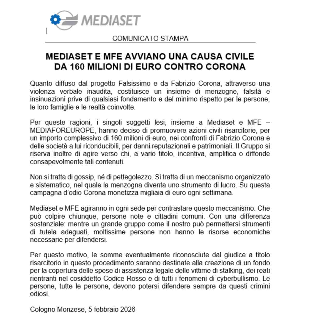 foto mediaset causa corona 