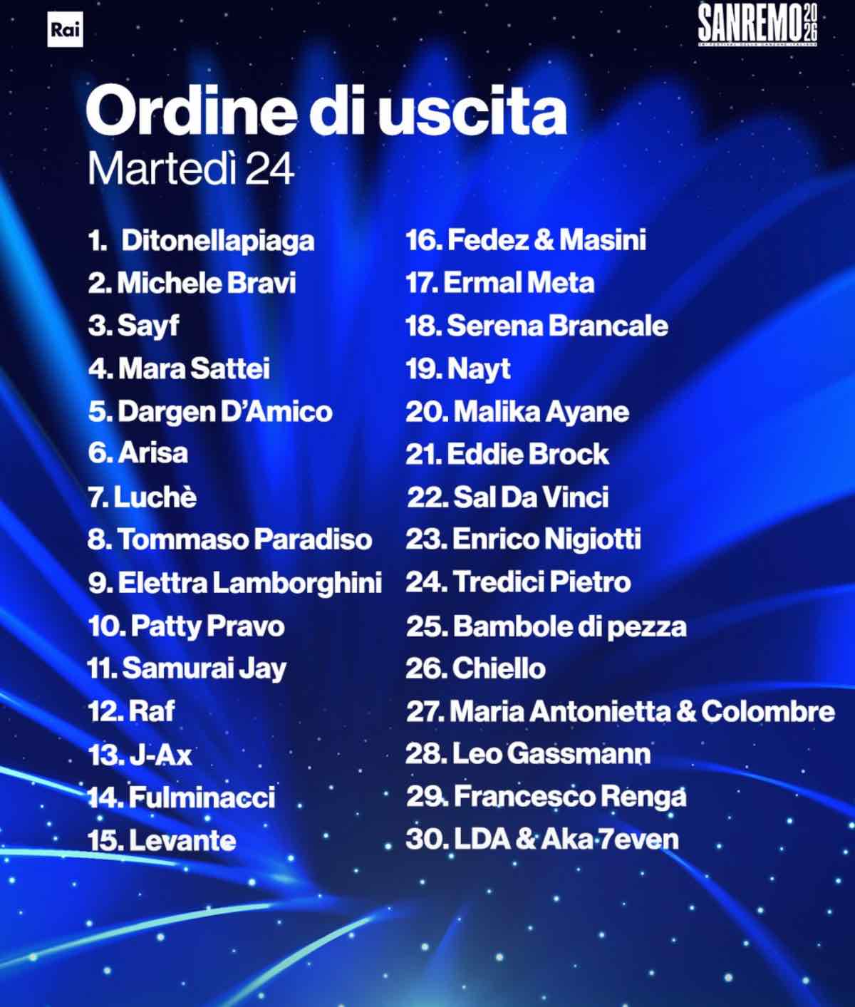 foto ordine uscita big prima serata sanremo 2026