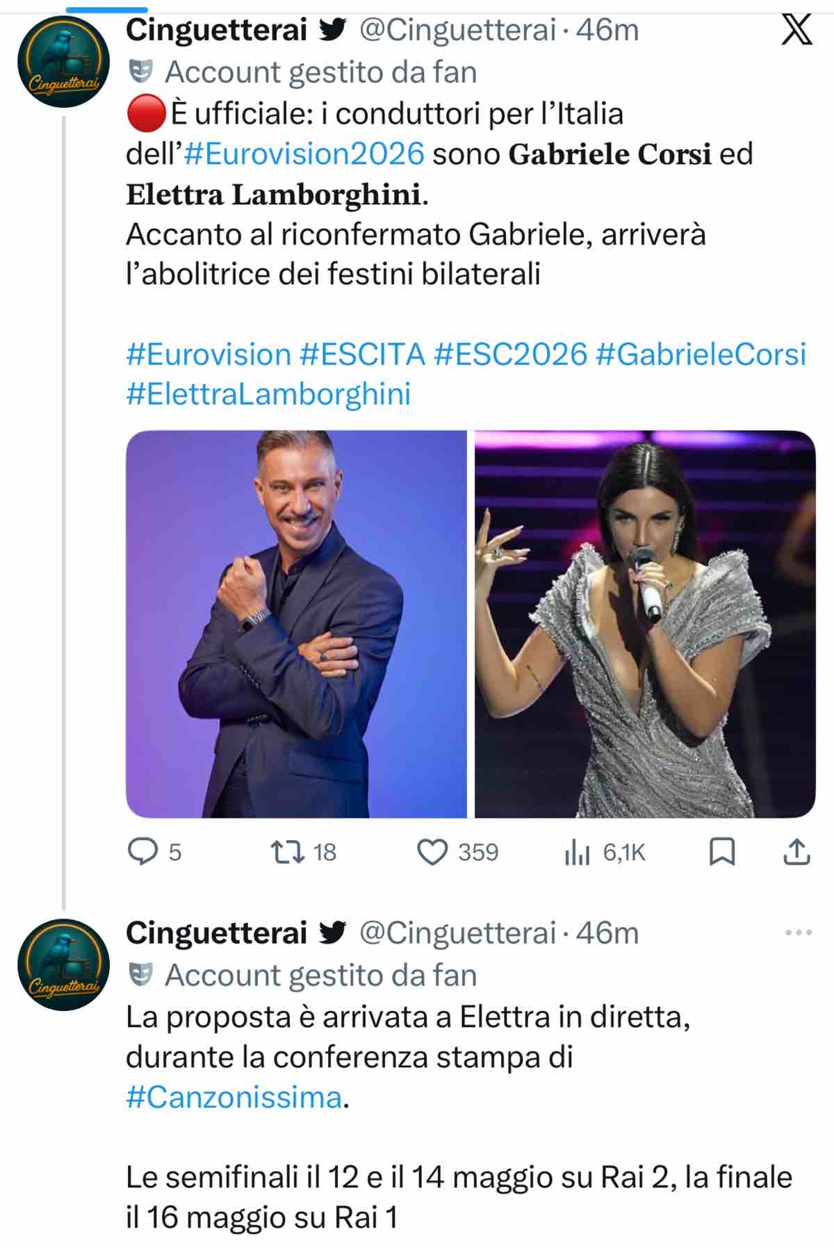 foto annuncio Gabriele Corsi Elettra Lamborghini esc2026