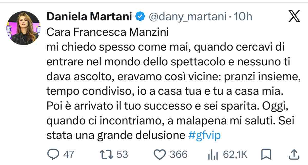 foto Daniela Martani post contro Francesca Manzini gfvip