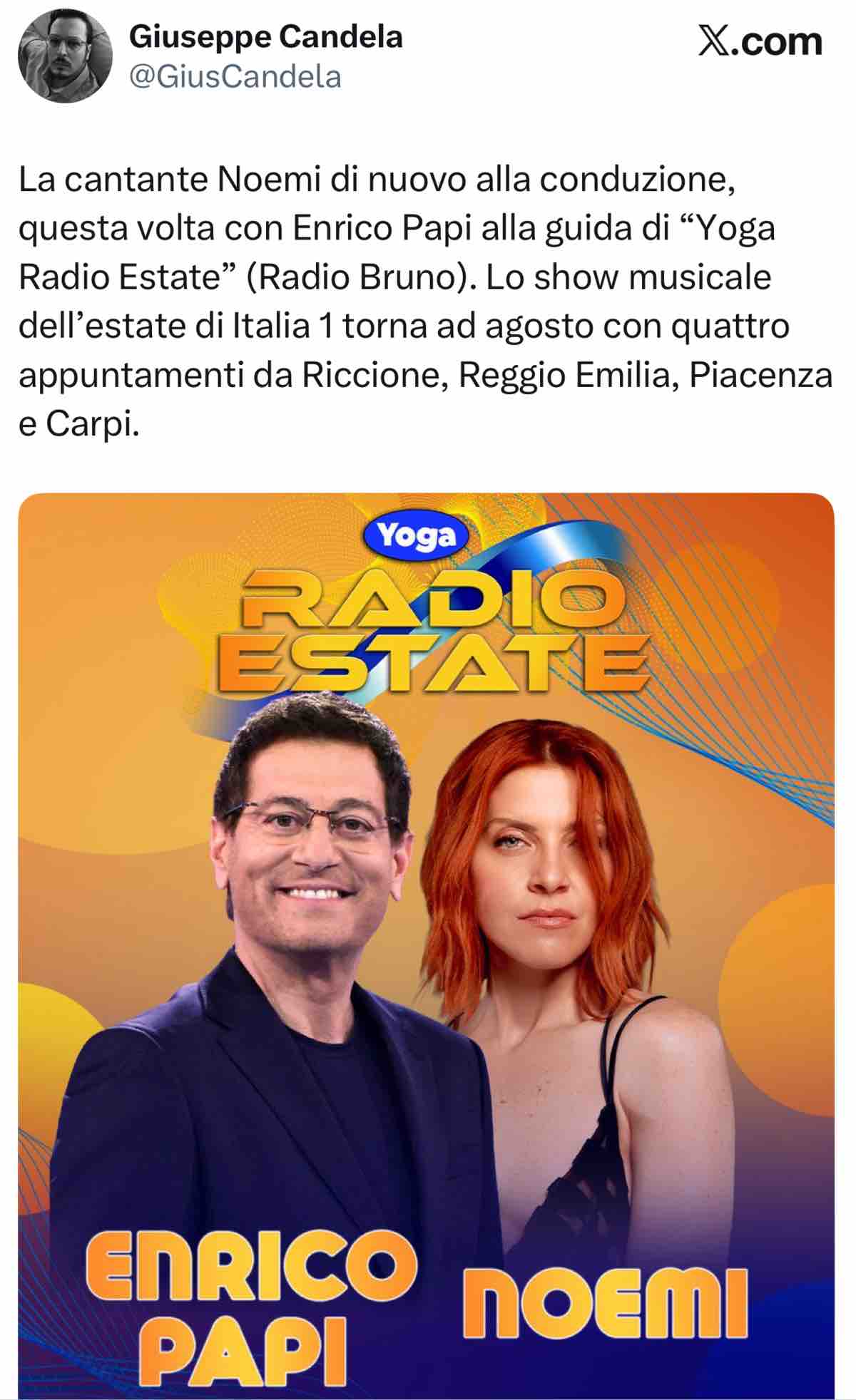 foto Enrico Papi Noemi yoga radio estate
