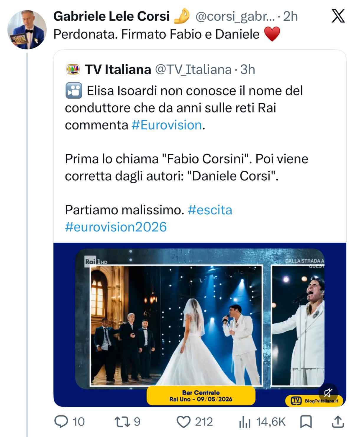 foto gabriele corsi commenta gaffe elisa isoardi