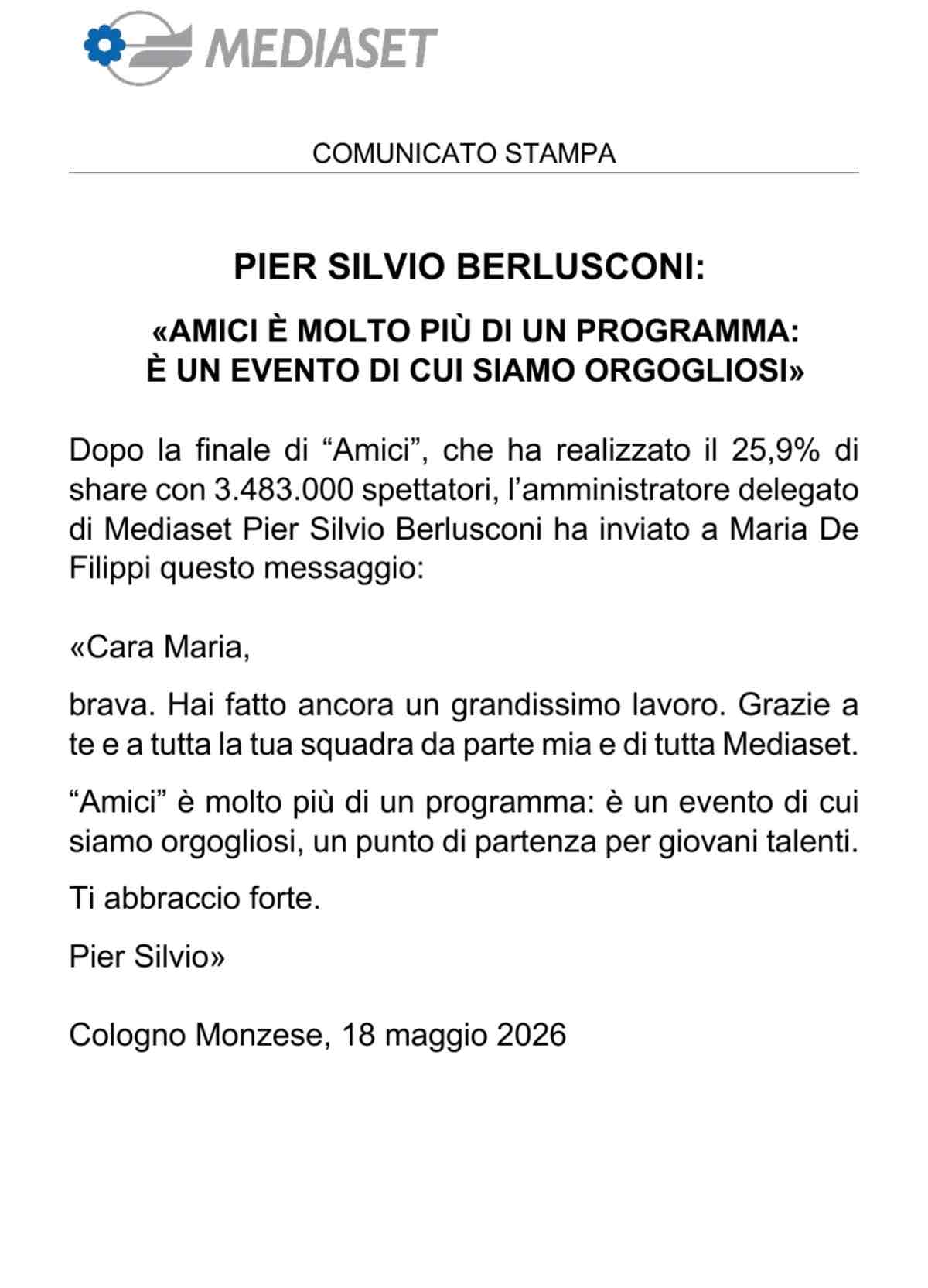 foto Pier Silvio Berlusconi complimenti a Maria De Filippi