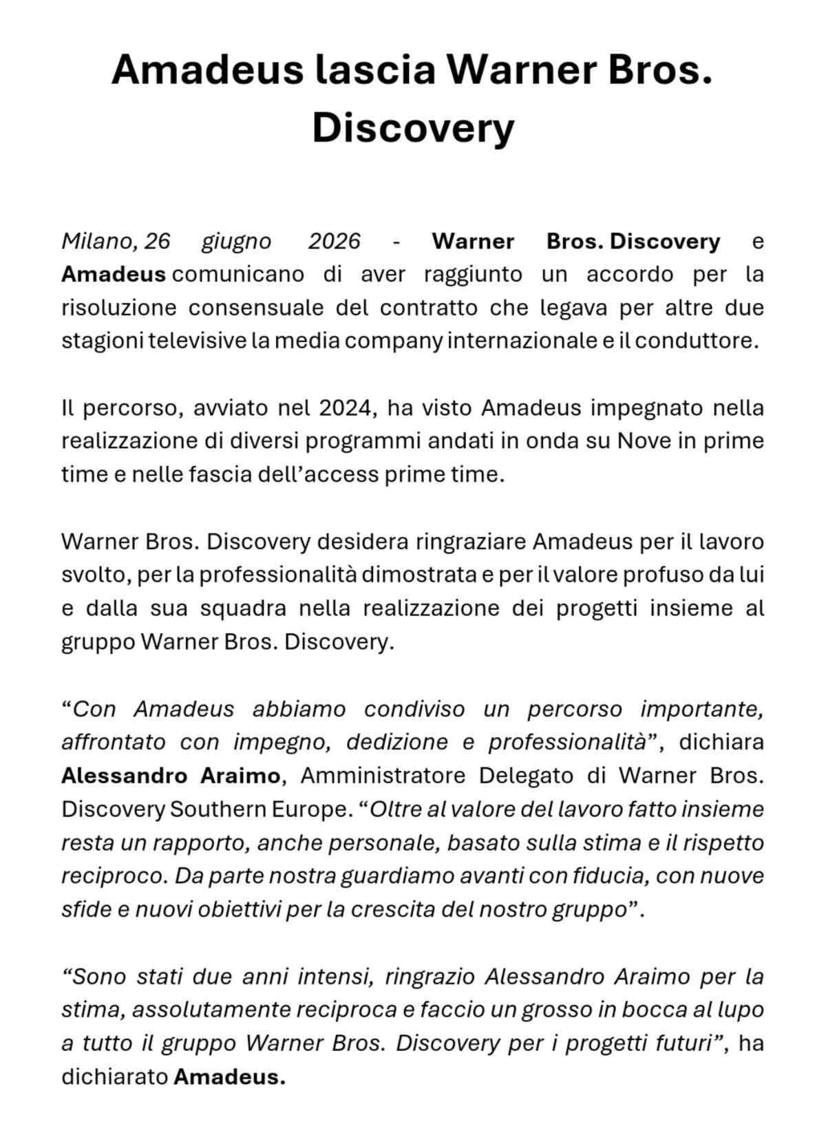 foto amadeus lascia warner discovery ufficiale