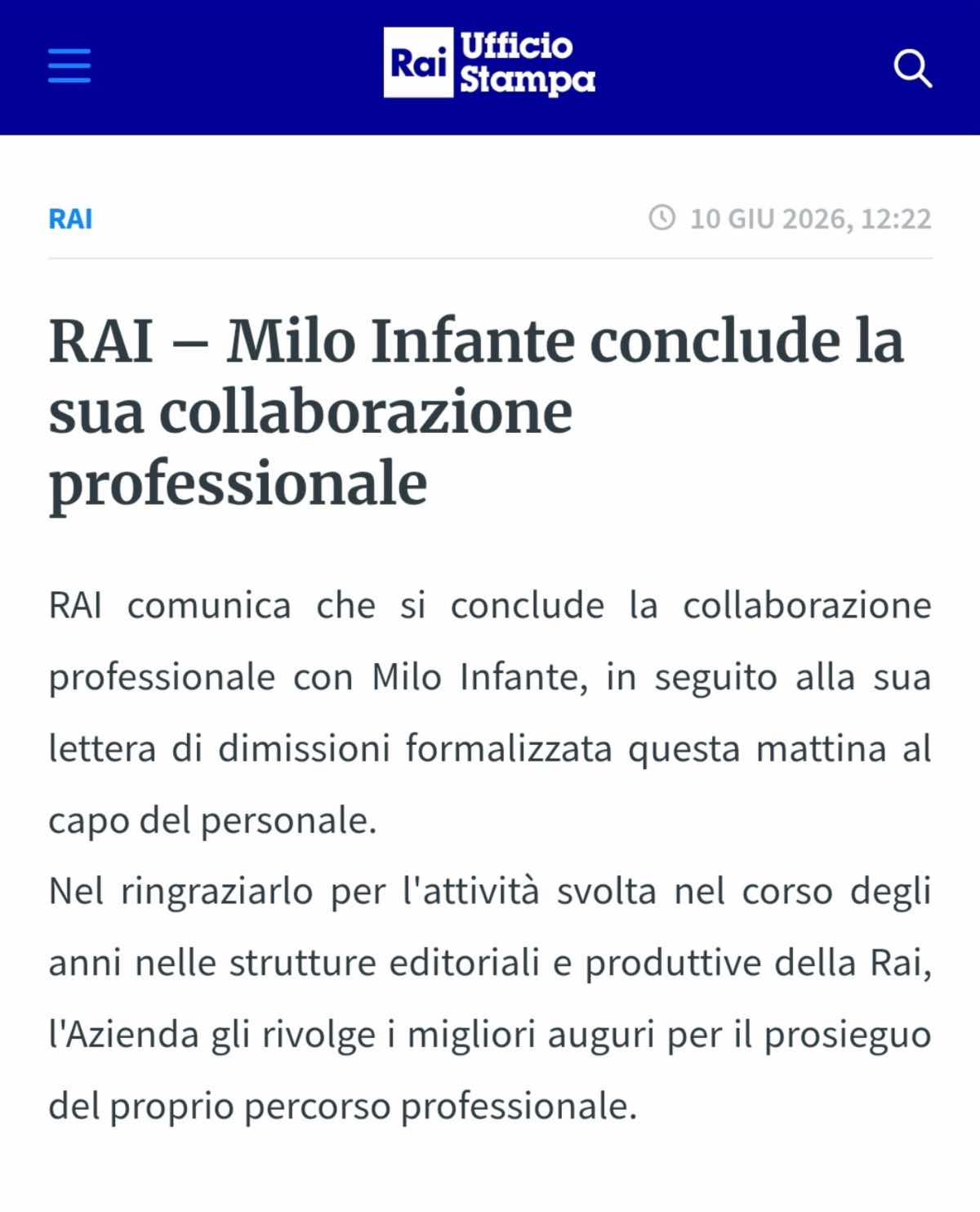 foto comunicato rai milo infante