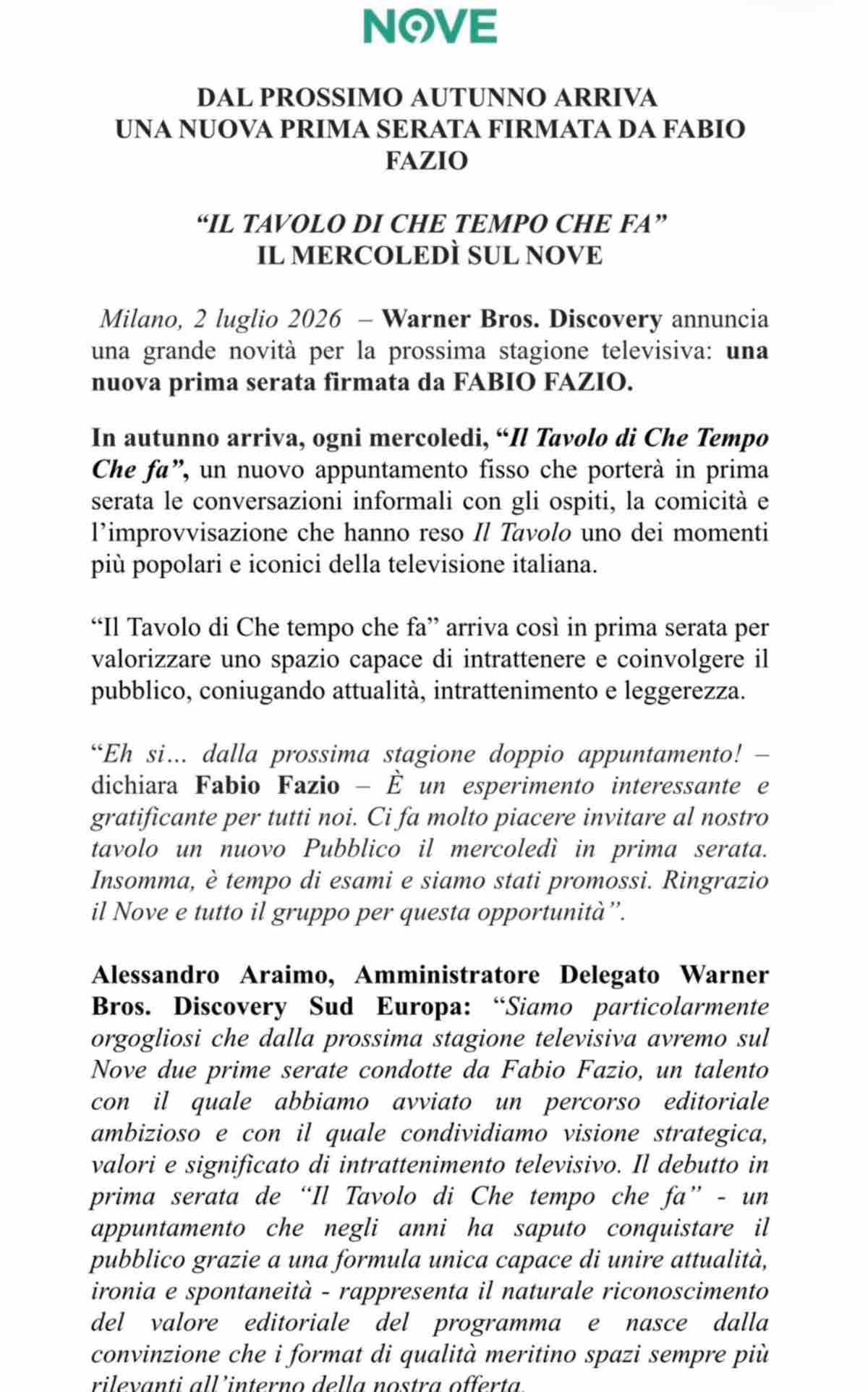 foto annuncio fabio Fazio ctcf raddoppia