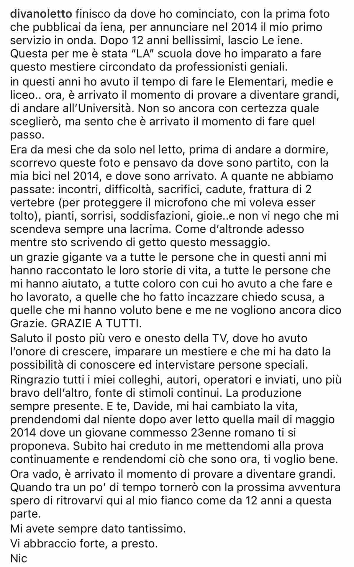 foto post addio iene nicolo de devitiis